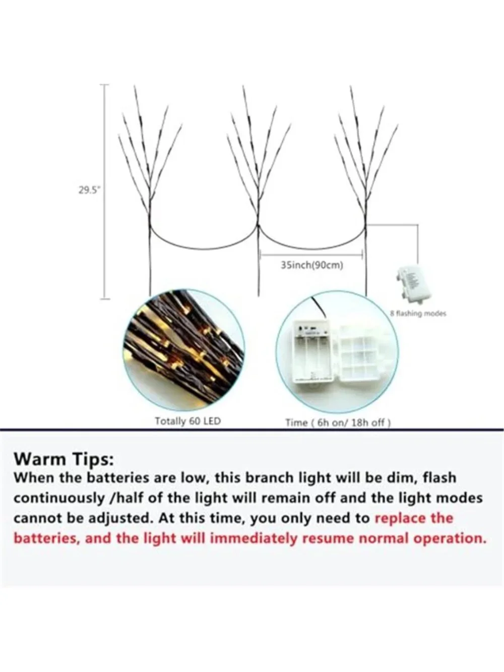 Lighted Branches Warm White LED Twig Lights Battery Timer Vase Decor 3 Pack